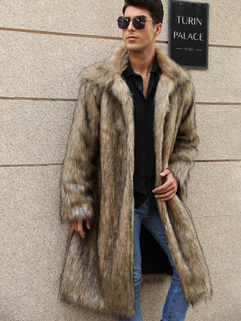 ライトブラウンマキシ メンズ フェイクファーコート 長袖 ライトグレー ジャケット ターンダウンカラー付き