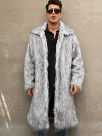 シルバー マキシ メンズ フェイクファーコート 長袖 ライトグレー ジャケット ターンダウンカラー付き