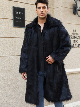 ブラック マキシ メンズ フェイクファーコート 長袖 ライトグレー ジャケット ターンダウンカラー付き