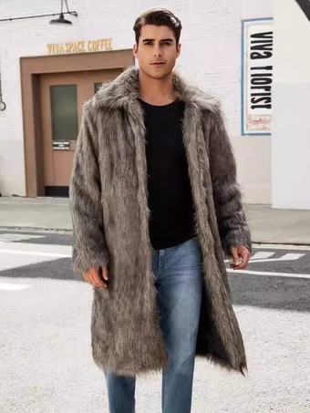 グレー ロング メンズ フェイクファー コート 長袖 ジャケット ターンダウンカラー付き