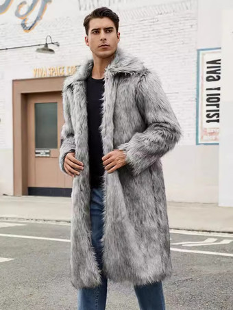 ライトグレーグレー ロング メンズ フェイクファー コート 長袖 ジャケット ターンダウンカラー付き