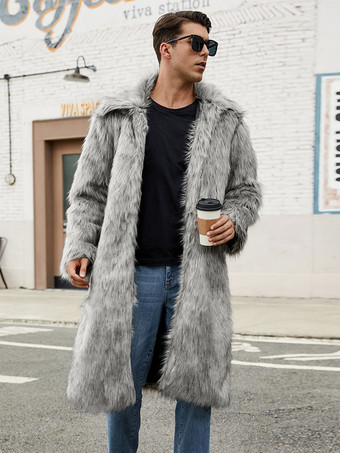 グレー ロング メンズ フェイクファー コート 長袖 ジャケット ターンダウンカラー付き