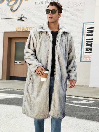 シルバー グレー ロング メンズ フェイクファー コート 長袖 ジャケット ターンダウンカラー付き