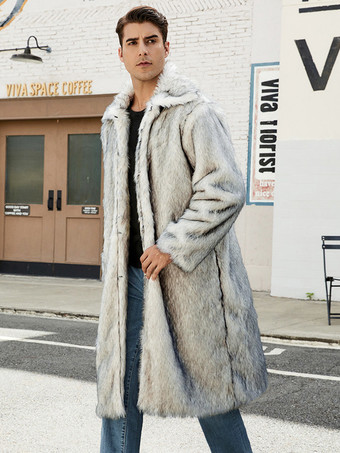 グレー ロング メンズ フェイクファー コート 長袖 ジャケット ターンダウンカラー付き