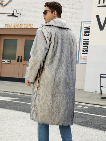 グレー ロング メンズ フェイクファー コート 長袖 ジャケット ターンダウンカラー付き
