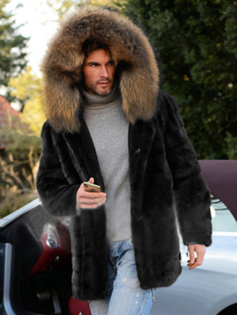 メンズ ブラック フェイクファー コート 冬用 暖かい 長袖 ジャケット ターンダウンカラーとフード付き