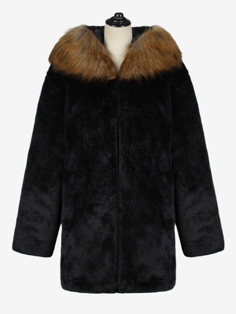 メンズ ブラック フェイクファー コート 冬用 暖かい 長袖 ジャケット ターンダウンカラーとフード付き