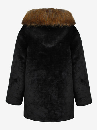 メンズ ブラック フェイクファー コート 冬用 暖かい 長袖 ジャケット ターンダウンカラーとフード付き