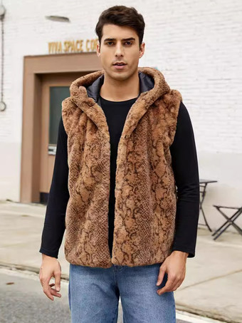 ブラウン ヒョウ柄メンズフェイクファーベスト 冬用 暖かい ノースリーブ ジャケット ターンダウンカラーとフード付き