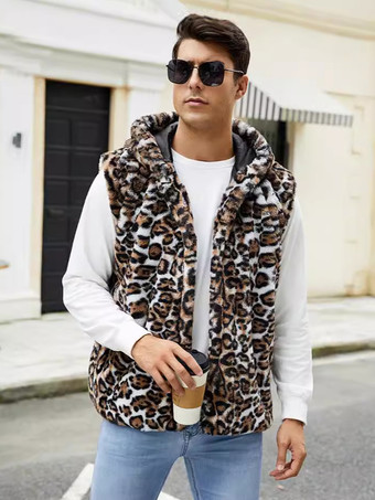 ディープブラウンヒョウ柄メンズフェイクファーベスト 冬用 暖かい ノースリーブ ジャケット ターンダウンカラーとフード付き