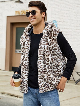 ヒョウ柄メンズフェイクファーベスト 冬用 暖かい ノースリーブ ジャケット ターンダウンカラーとフード付き