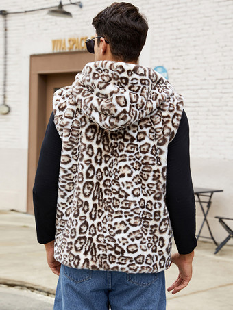 ヒョウ柄メンズフェイクファーベスト 冬用 暖かい ノースリーブ ジャケット ターンダウンカラーとフード付き