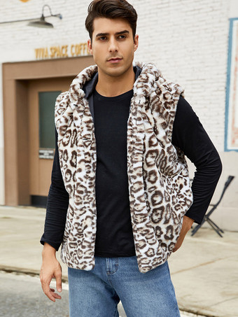 ヒョウ柄メンズフェイクファーベスト 冬用 暖かい ノースリーブ ジャケット ターンダウンカラーとフード付き