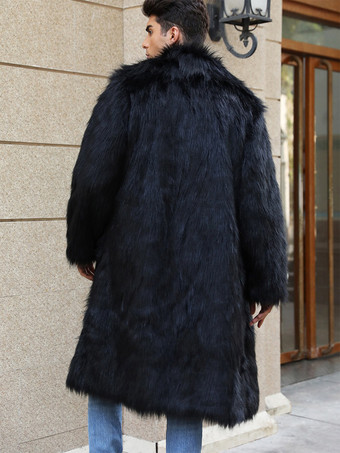 ロング ブラック メンズ フェイクファー コート 冬 暖かい 長袖 ジャケット ターンダウンカラー付き