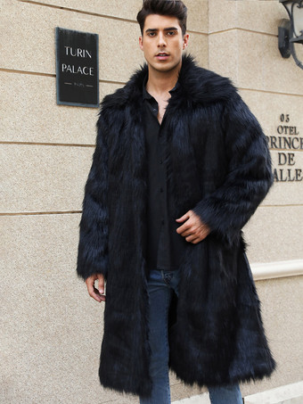 ロング ブラック メンズ フェイクファー コート 冬 暖かい 長袖 ジャケット ターンダウンカラー付き