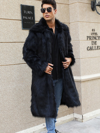 ロング ブラック メンズ フェイクファー コート 冬 暖かい 長袖 ジャケット ターンダウンカラー付き