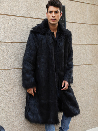 ロング ブラック メンズ フェイクファー コート 冬 暖かい 長袖 ジャケット ターンダウンカラー付き