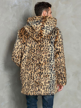 ヒョウ柄メンズフェイクファーコート 冬用 暖かい 長袖 ジャケット ターンダウンカラーとフード付き