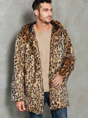 ヒョウ柄メンズフェイクファーコート 冬用 暖かい 長袖 ジャケット ターンダウンカラーとフード付き