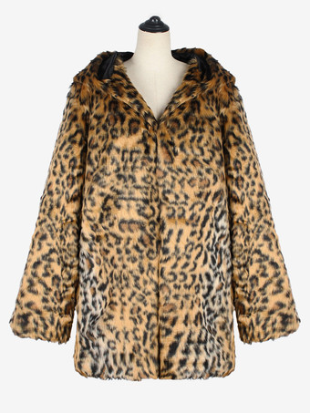 ヒョウ柄メンズフェイクファーコート 冬用 暖かい 長袖 ジャケット ターンダウンカラーとフード付き