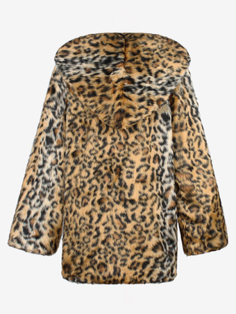 ヒョウ柄メンズフェイクファーコート 冬用 暖かい 長袖 ジャケット ターンダウンカラーとフード付き