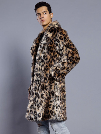 ロング レオパード メンズ フェイクファー コート 長袖 ジャケット ターンダウンカラーとフード付き