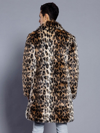 ロング レオパード メンズ フェイクファー コート 長袖 ジャケット ターンダウンカラーとフード付き