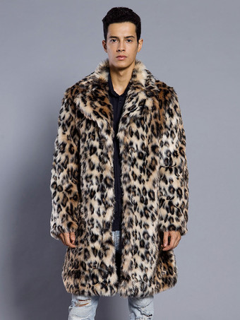 ロング レオパード メンズ フェイクファー コート 長袖 ジャケット ターンダウンカラーとフード付き