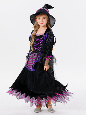 ハロウィン 子供用ハロウィンコスチューム パープルハロウィンポリエステルセット 子供用ドレス 帽子
