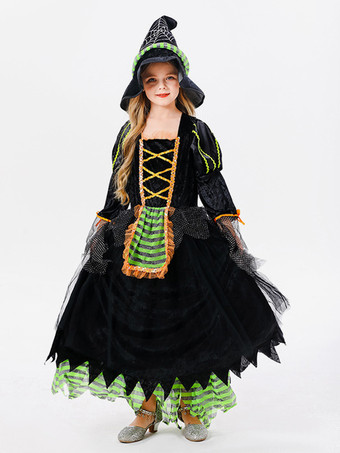 グリーン ハロウィン 子供用ハロウィンコスチューム パープルハロウィンポリエステルセット 子供用ドレス 帽子