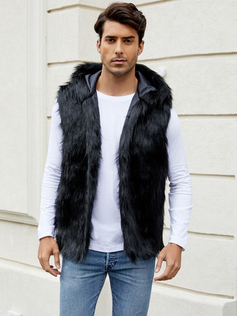 ブラック メンズ フェイクファーベスト ノースリーブ ジャケット ターンダウンカラーとフード付き