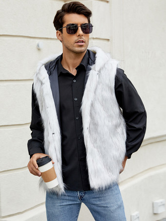 シルバー メンズ フェイクファーベスト ノースリーブ ジャケット ターンダウンカラーとフード付き
