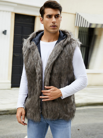 グレイメンズ フェイクファーベスト ノースリーブ ジャケット ターンダウンカラーとフード付き