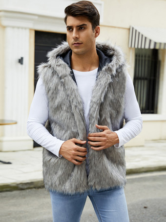 メンズ フェイクファーベスト ノースリーブ ジャケット ターンダウンカラーとフード付き