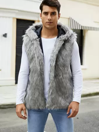 Gilet En Fausse Fourrure Noir Hiver Chaud Hommes Sans Manches Col Rabattu Capuche Milanoo