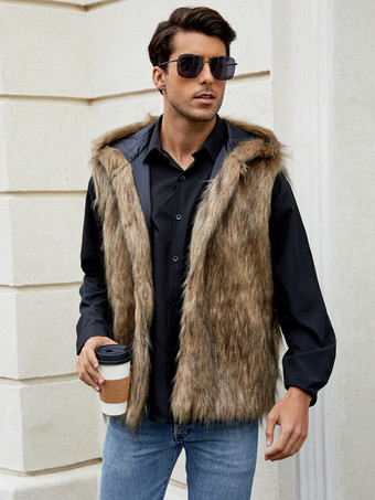 ブラウン メンズ フェイクファーベスト ノースリーブ ジャケット ターンダウンカラーとフード付き