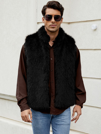 ブラック メンズ フェイクファーベスト 冬 暖かい ノースリーブ ジャケット