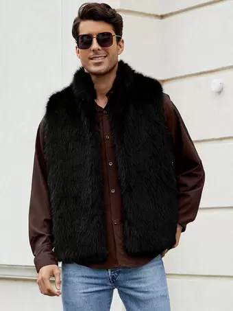 Gilet En Fausse Fourrure Noir Hiver Chaud Hommes Sans Manches