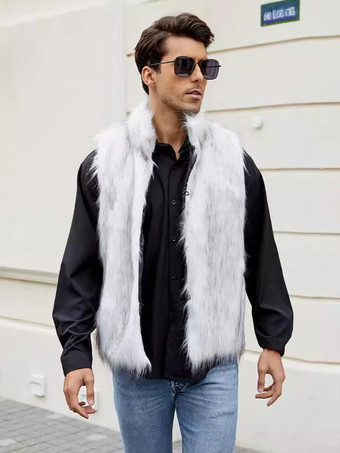 シルバー ブラック メンズ フェイクファーベスト 冬 暖かい ノースリーブ ジャケット