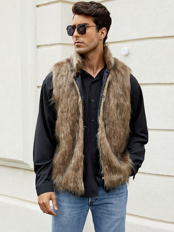 ブラウン ブラック メンズ フェイクファーベスト 冬 暖かい ノースリーブ ジャケット
