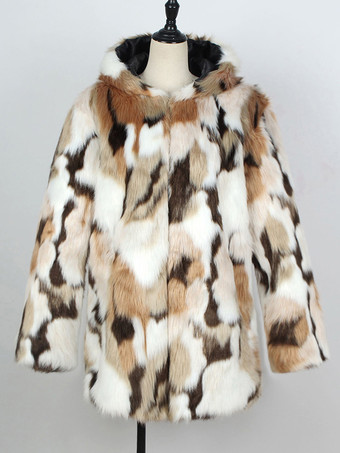 フード付きメンズフェイクファーコート長袖ジャケット、ターンダウンカラーとフード付き