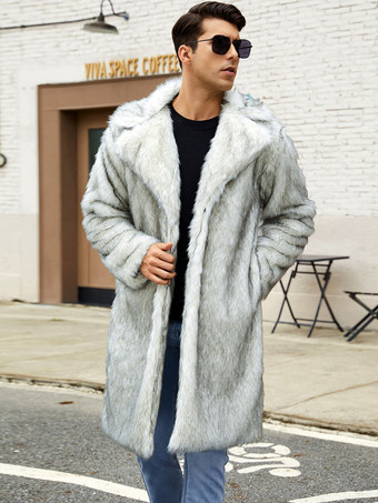 ライトグレー ロング メンズ フェイクファーコート 冬用 暖かい 長袖 ジャケット ターンダウンカラー付き