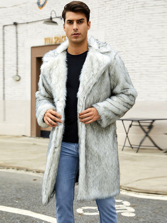シルバー ライトグレー ロング メンズ フェイクファーコート 冬用 暖かい 長袖 ジャケット ターンダウンカラー付き