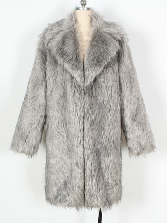 ライトグレー ロング メンズ フェイクファーコート 冬用 暖かい 長袖 ジャケット ターンダウンカラー付き