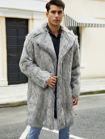 ライトグレー ロング メンズ フェイクファーコート 冬用 暖かい 長袖 ジャケット ターンダウンカラー付き