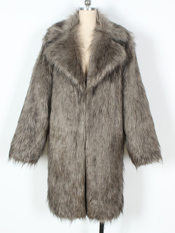 ライトグレー ロング メンズ フェイクファーコート 冬用 暖かい 長袖 ジャケット ターンダウンカラー付き