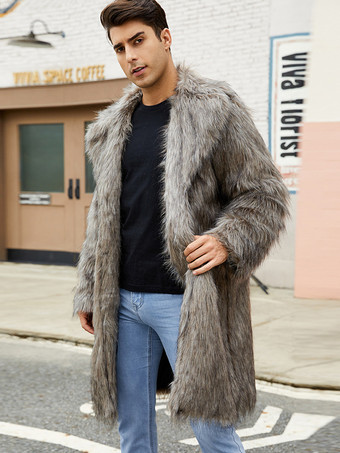 ライトグレー ロング メンズ フェイクファーコート 冬用 暖かい 長袖 ジャケット ターンダウンカラー付き