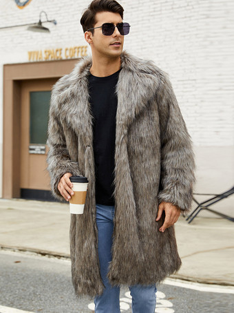 ブラウン ライトグレー ロング メンズ フェイクファーコート 冬用 暖かい 長袖 ジャケット ターンダウンカラー付き