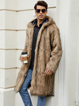 ブラウン ライトグレー ロング メンズ フェイクファーコート 冬用 暖かい 長袖 ジャケット ターンダウンカラーとフード付き