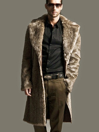 ブラウン メンズ フェイクファー ロングラインコート 長袖ジャケット プラスサイズ カーディガン 冬用コート
